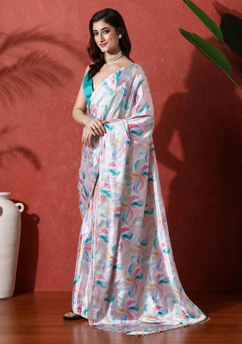 Multicolor Printed Chinon Saree Set - Indya