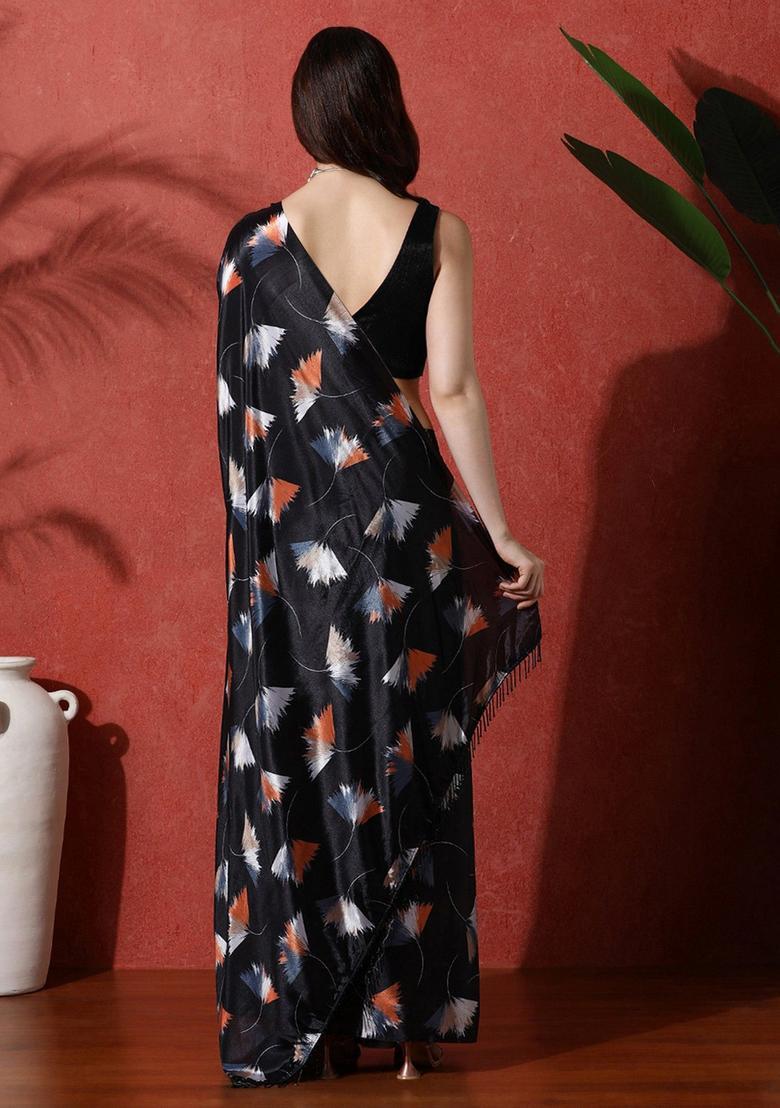 Black Floral Print Chinon Saree Set - Indya