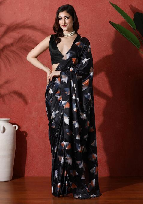 Black Floral Print Chinon Saree Set