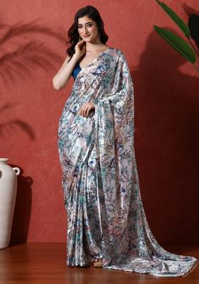 Multicolor Printed Chinon Saree Set