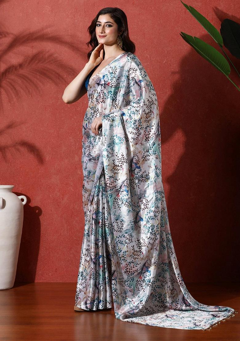 Multicolor Printed Chinon Saree Set - Indya