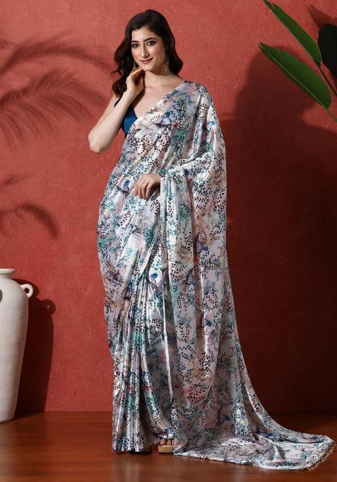 Multicolor Printed Chinon Saree Set