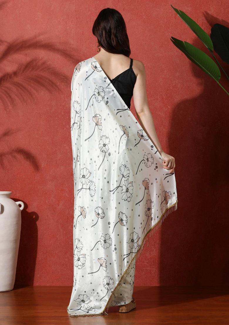 Cream Floral Print Chinon Saree Set - Indya