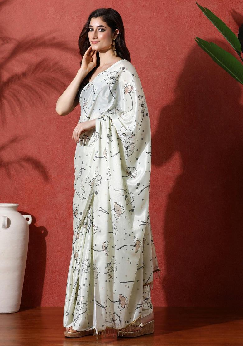Cream Floral Print Chinon Saree Set - Indya
