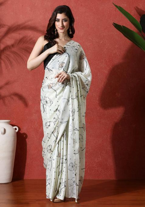 Cream Floral Print Chinon Saree Set
