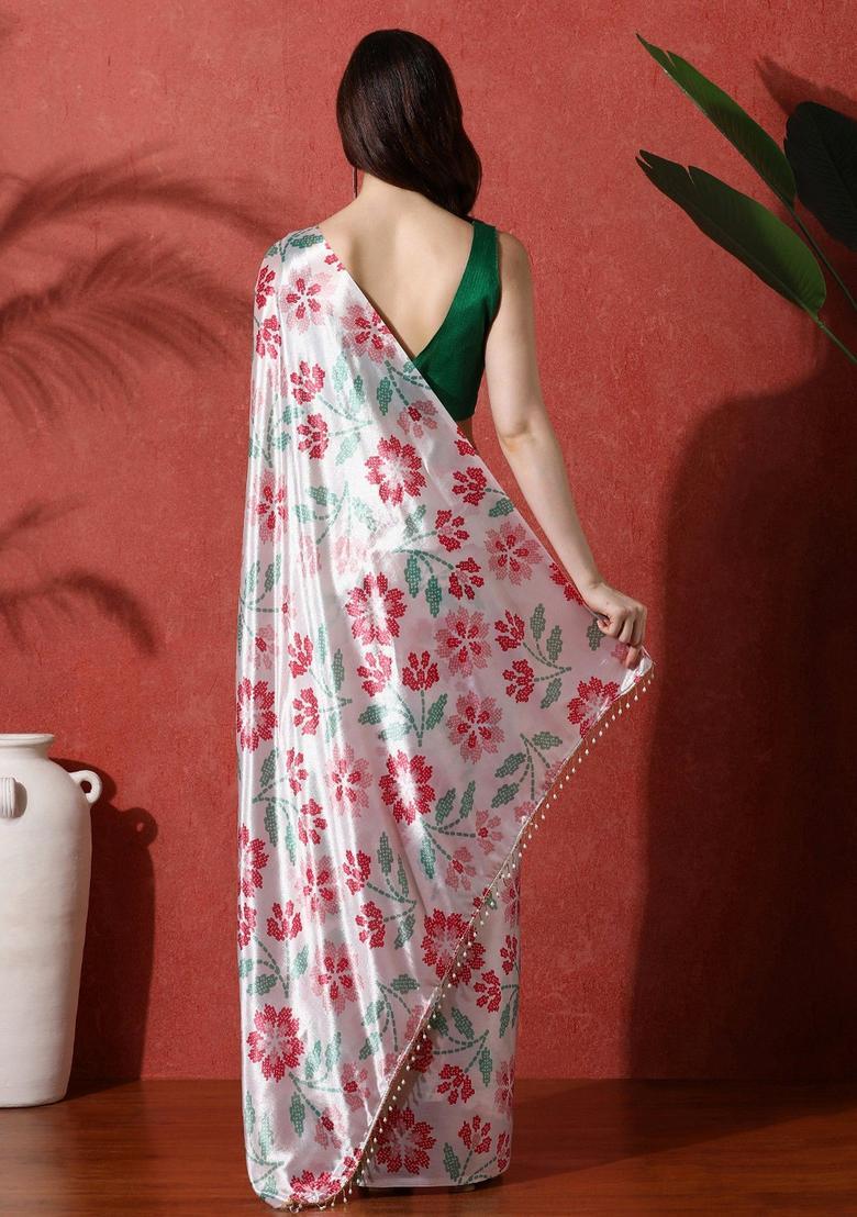 Multicolor Floral Print Chinon Saree Set - Indya