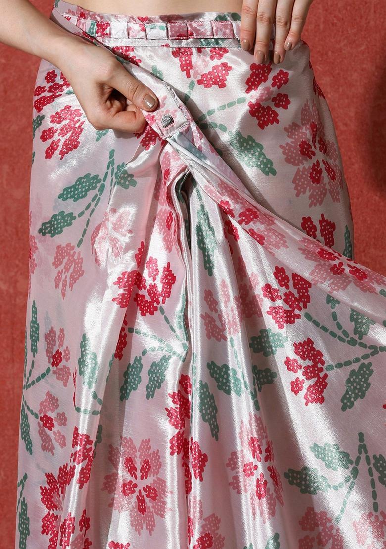 Multicolor Floral Print Chinon Saree Set - Indya