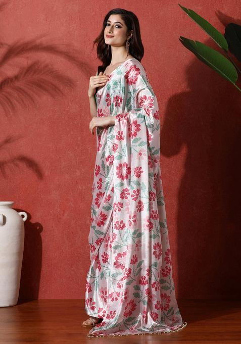 Multicolor Floral Print Chinon Saree Set