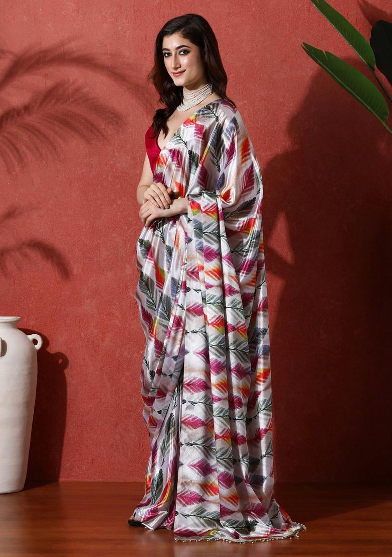 Multicolor Printed Chinon Saree Set - Indya