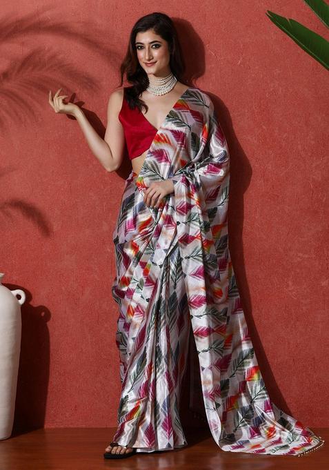 Multicolor Printed Chinon Saree Set