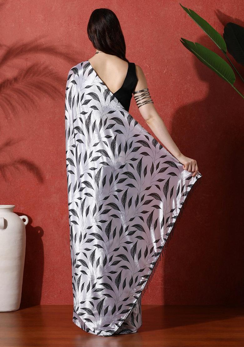 Silver Printed Chinon Saree Set - Indya