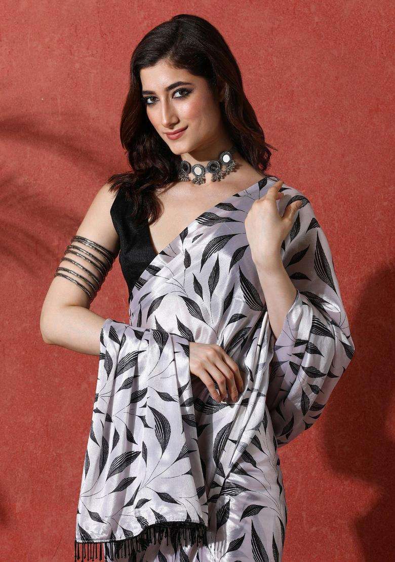 Silver Chinon Saree Set with Printed for Diwali | Wedding & Festive Wear - Indya