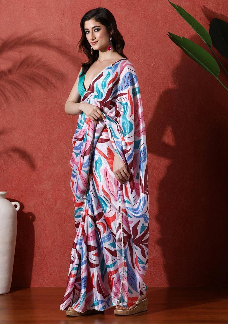 Multicolor Printed Chinon Saree Set - Indya