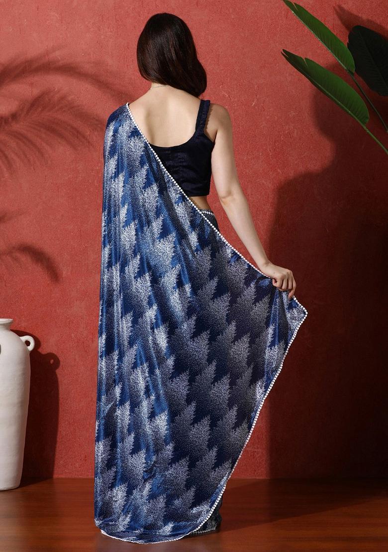 Blue Printed Chinon Saree Set - Indya