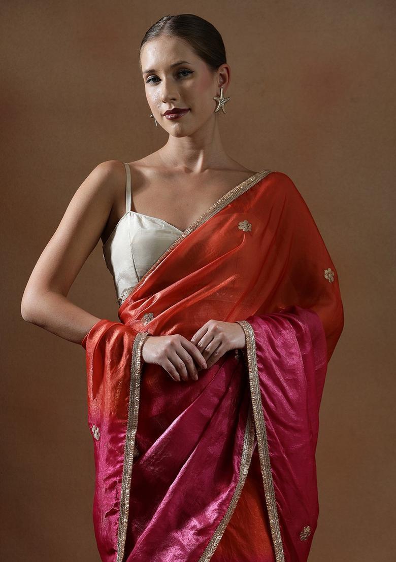 Pink Sequin Work Silk Blend Saree Set - Indya