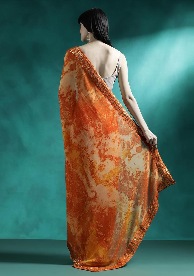Orange Embroidered Georgette Saree Set - Indya