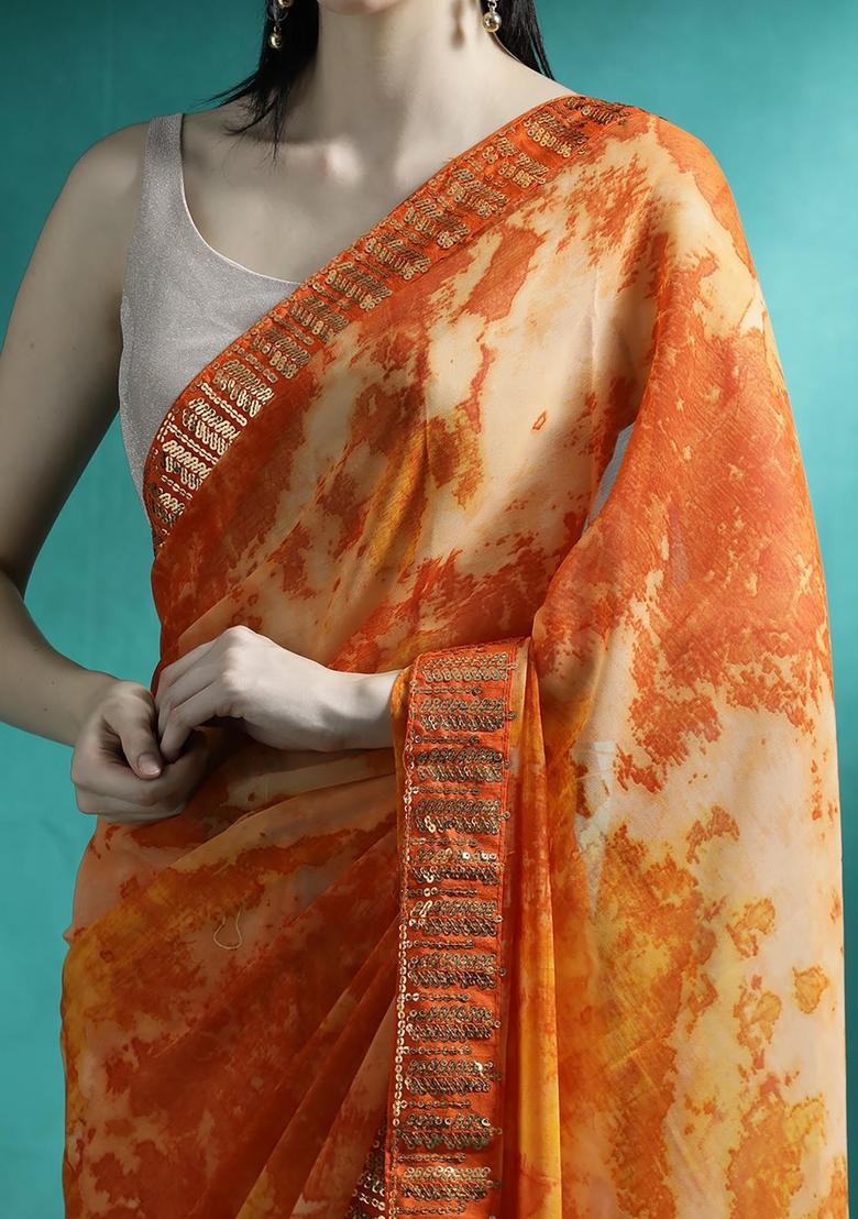 Orange Embroidered Georgette Saree Set - Indya