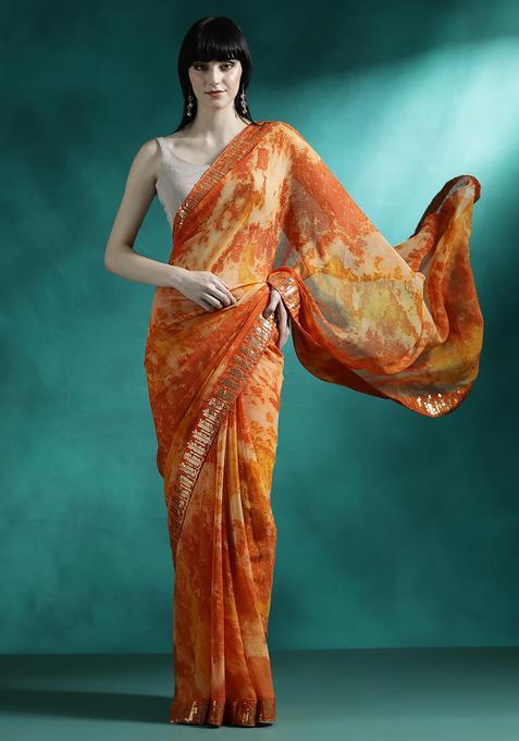 Orange Embroidered Georgette Saree Set