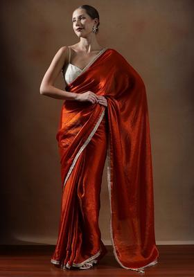 Orange Solid Silk Blend Saree Set