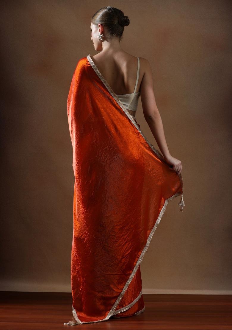 Orange Solid Silk Blend Saree Set - Indya