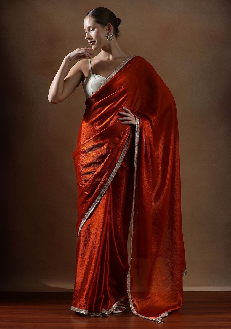 Orange Solid Silk Blend Saree Set - Indya