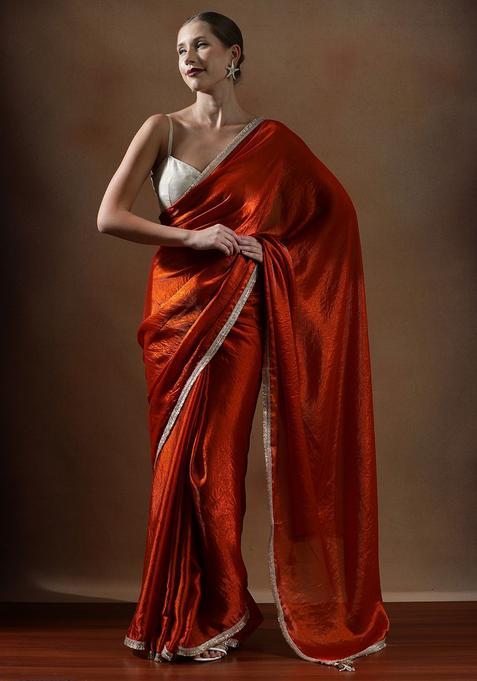 Orange Solid Silk Saree Set