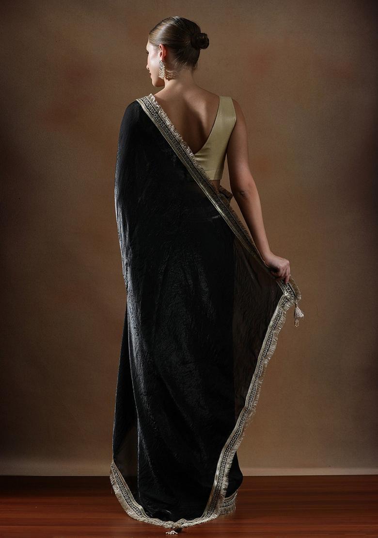 Black Solid Silk Blend Saree Set - Indya