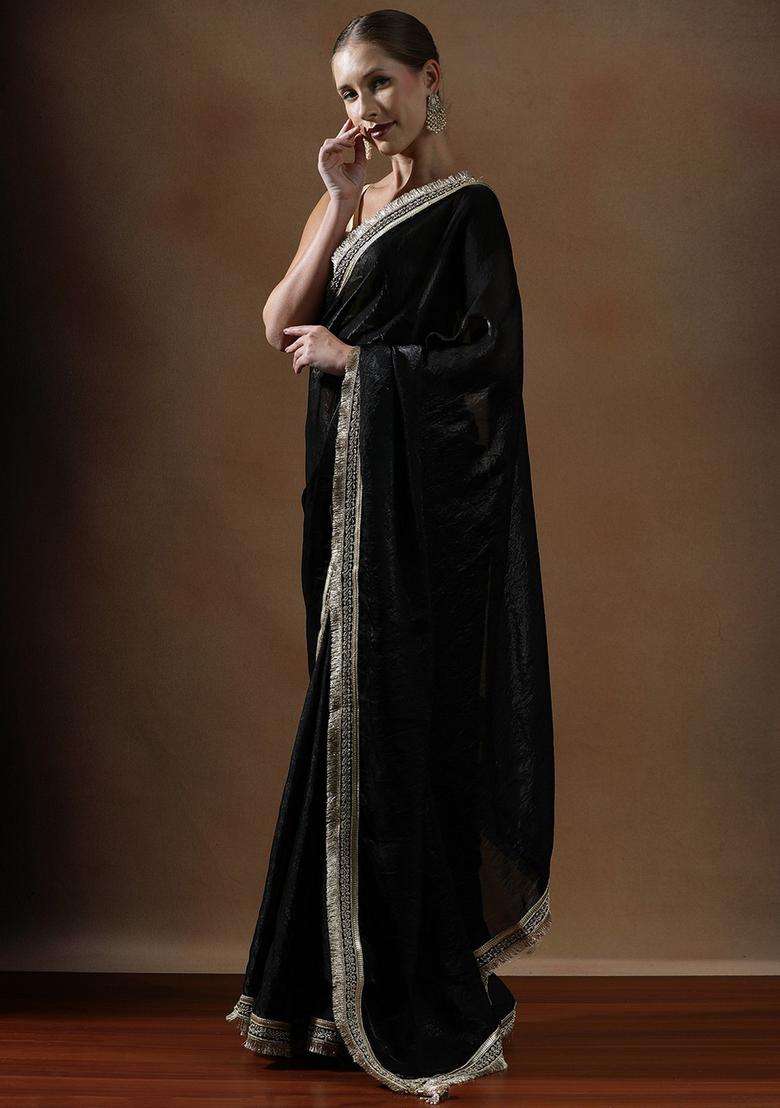 Black Solid Silk Blend Saree Set for Diwali and Festive Wear - Indya
