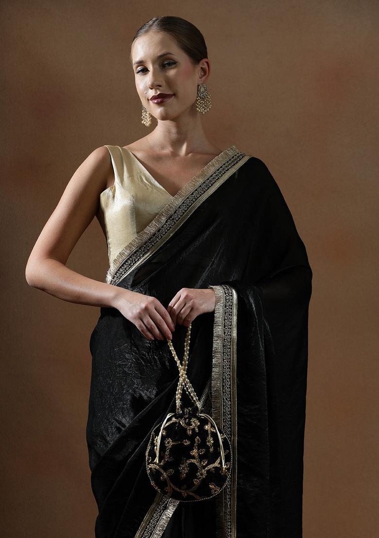 Black Solid Silk Blend Saree Set - Indya