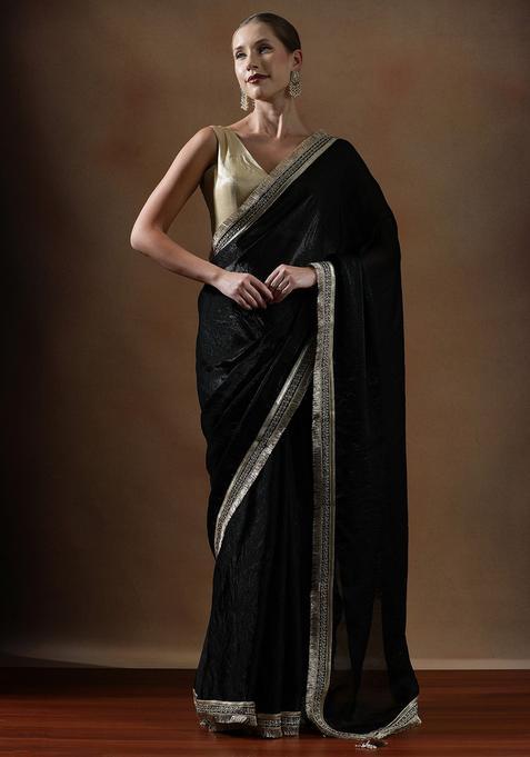 Black Solid Silk Blend Saree Set