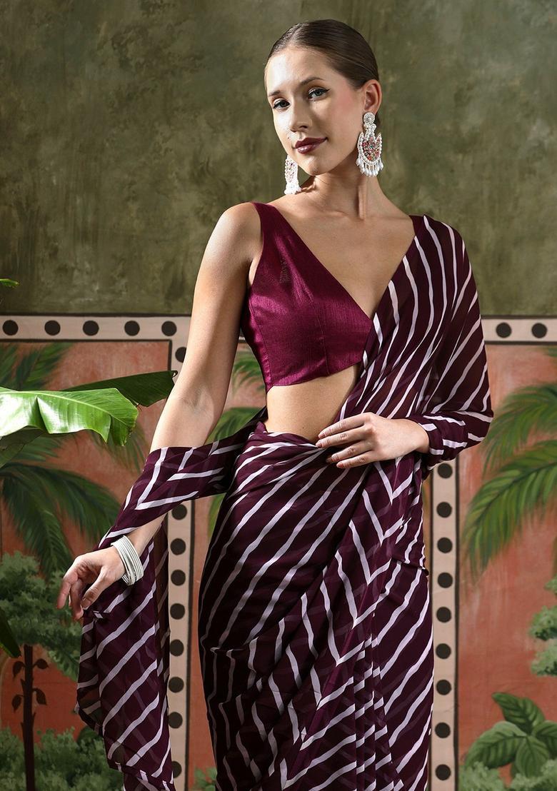 Burgundy Stripes Georgette Saree Set - Indya