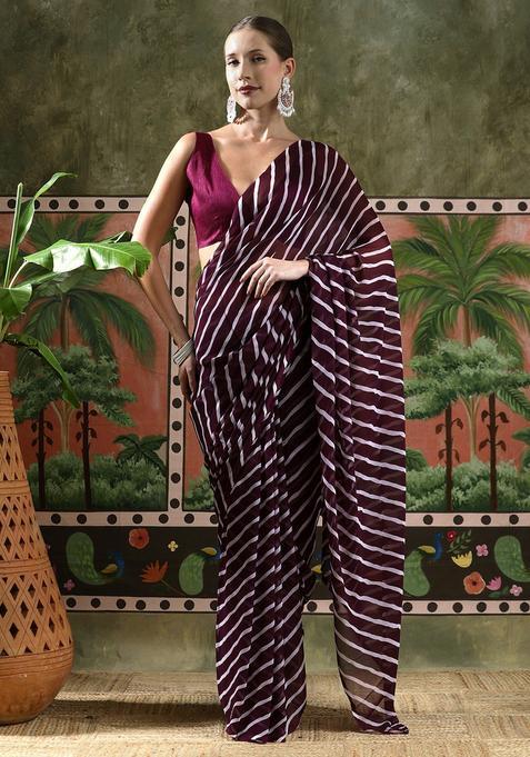 Burgundy Stripes Georgette Saree Set