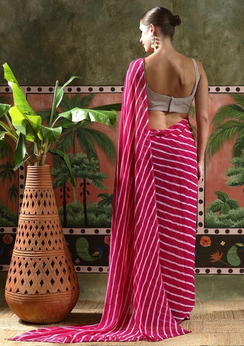 Pink Stripes Georgette Saree Set - Indya