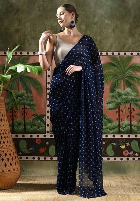 Blue Printed Georgette Saree Set