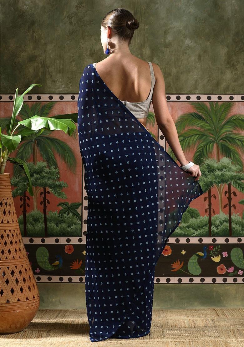 Blue Printed Georgette Saree Set - Indya