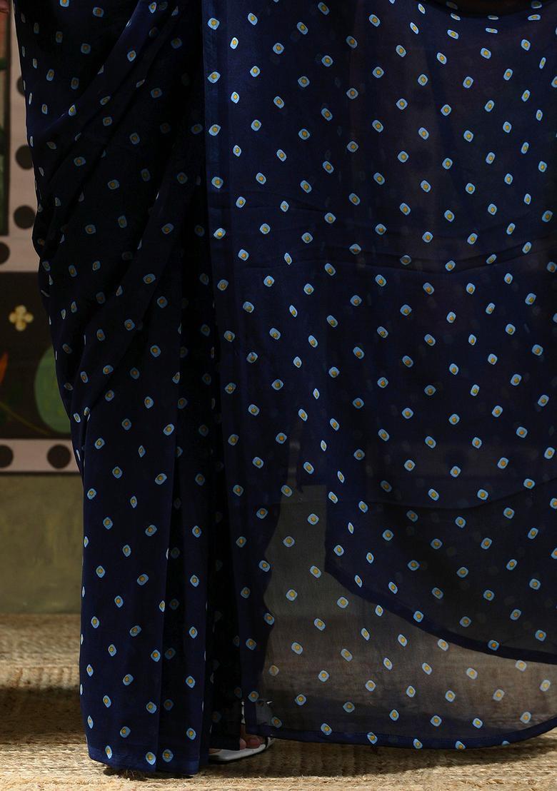 Blue Printed Georgette Saree Set - Indya