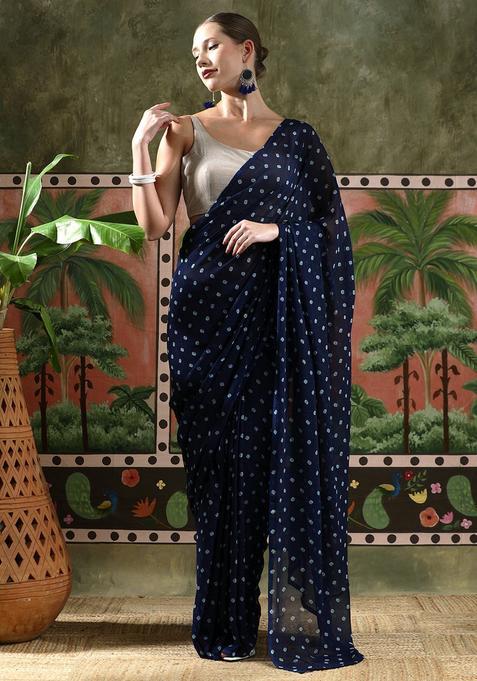 Blue Printed Georgette Saree Set