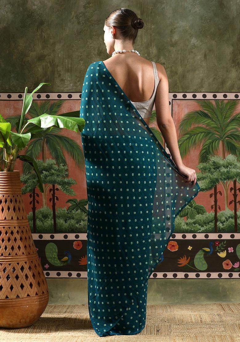 Teal Printed Georgette Saree Set - Indya