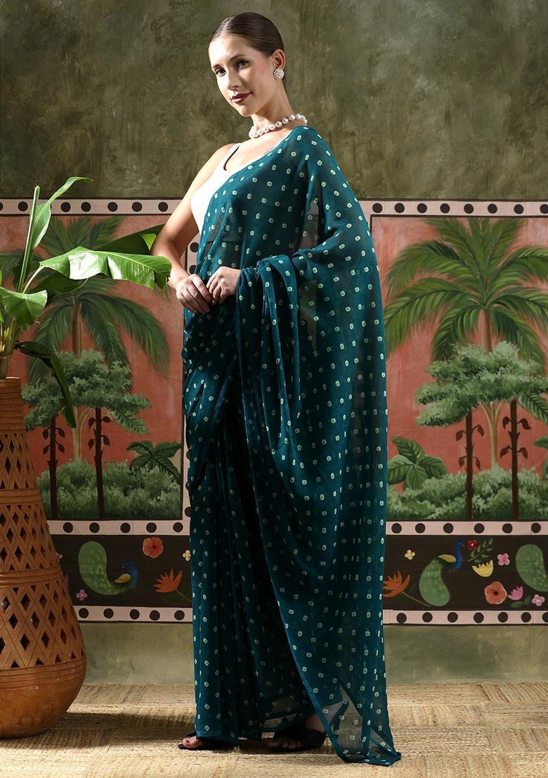 Teal Printed Georgette Saree Set - Indya