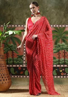 Red Stripes Georgette Saree Set
