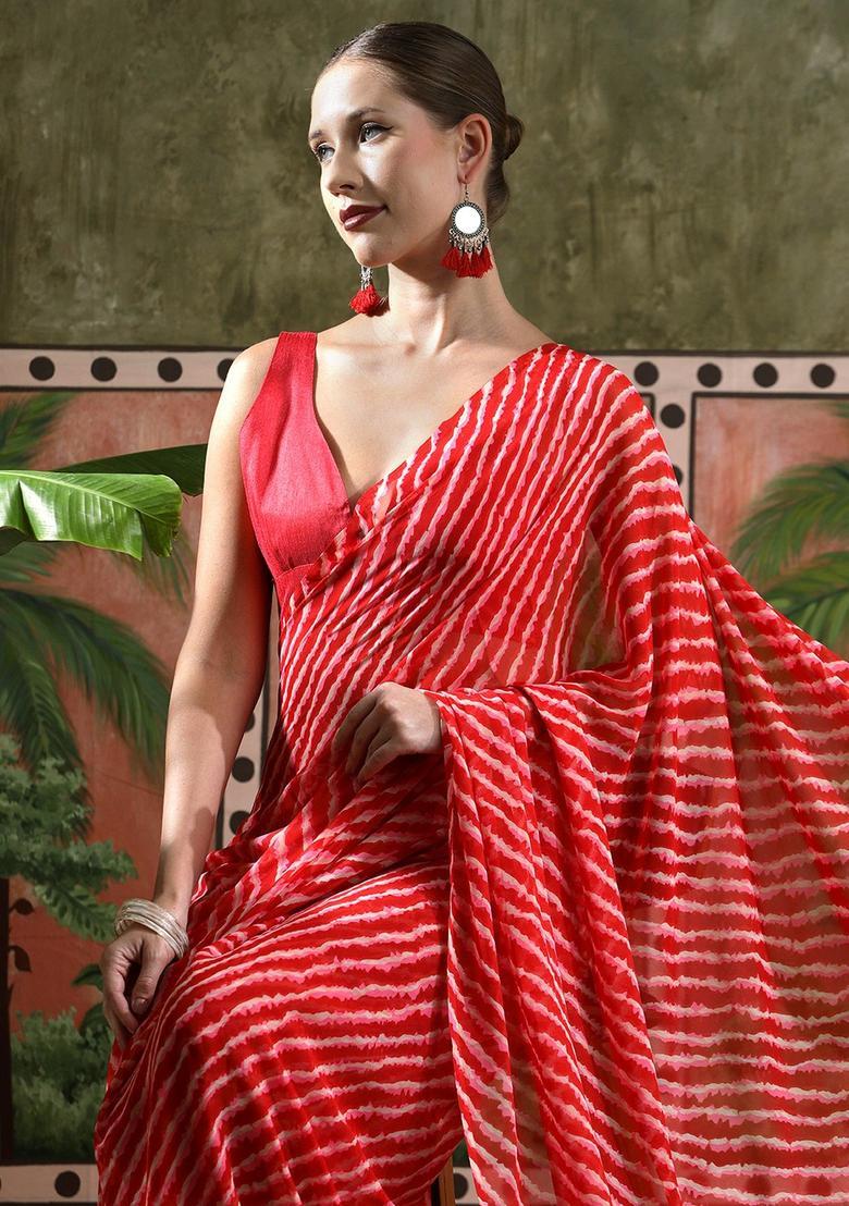 Red Stripes Georgette Saree Set - Indya