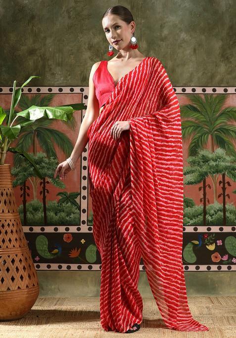 Red Stripes Georgette Saree Set