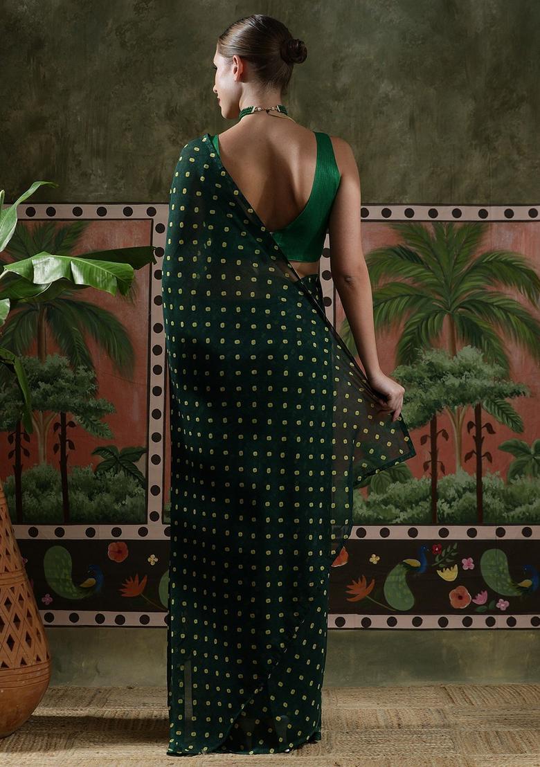 Green Printed Georgette Saree Set - Indya