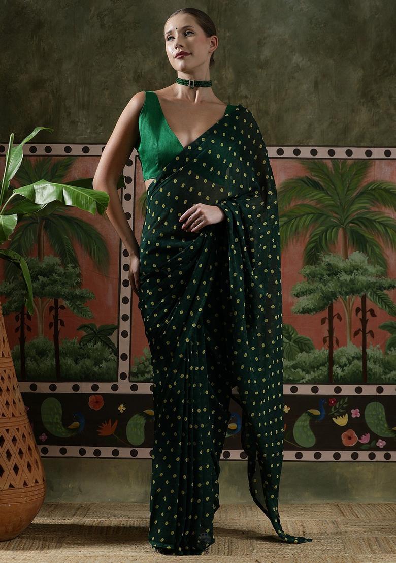 Green Printed Georgette Saree Set - Indya