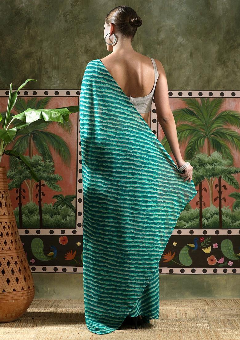 Green Stripes Georgette Saree Set - Indya