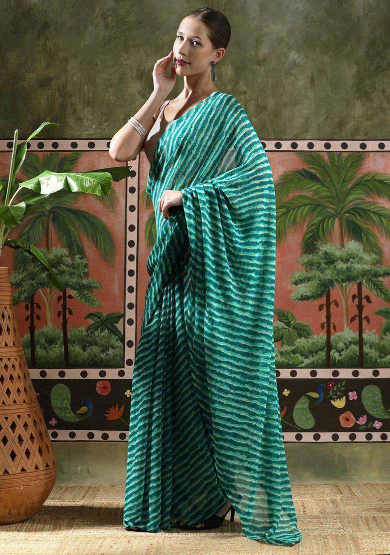Green Stripes Georgette Saree Set for Diwali | Wedding & Festive Wear - Indya