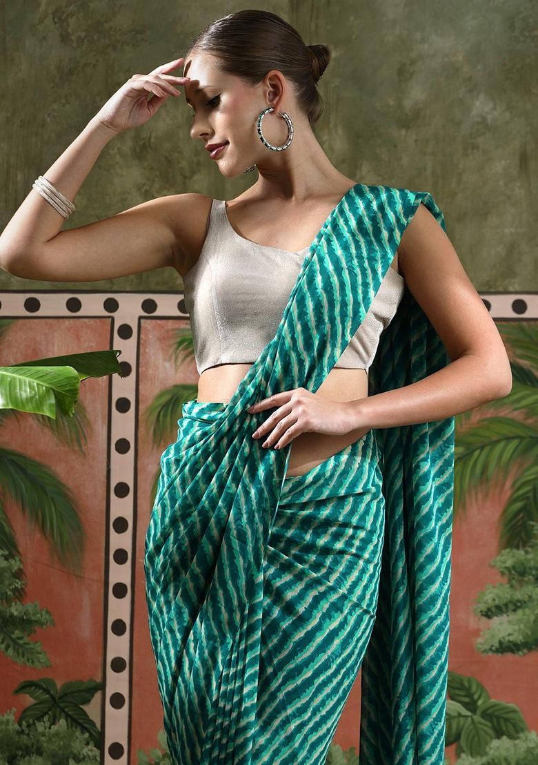 Green Stripes Georgette Saree Set - Indya