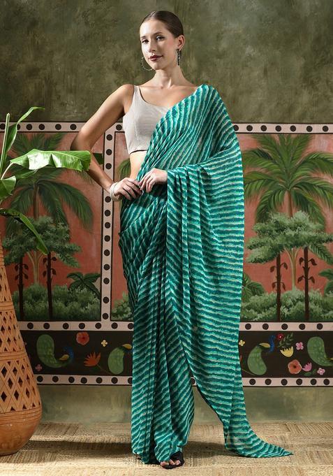 Green Stripes Georgette Saree Set