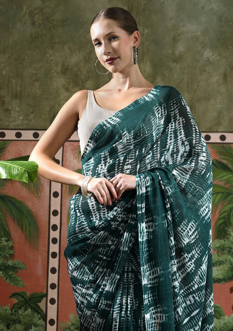 Green Tie And Dye Georgette Saree Set - Indya