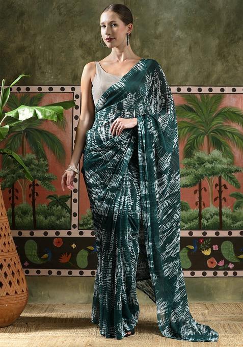 Green Tie And Dye Georgette Saree Set